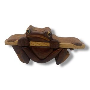 Handmade Wooden Tree‎ Frog Puzzle Trinket Box Brown Wood Sculpture